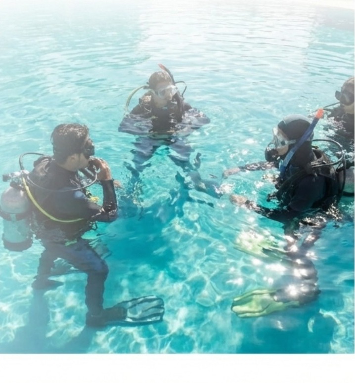 浅い海で潜水器材を装着して練習する様子